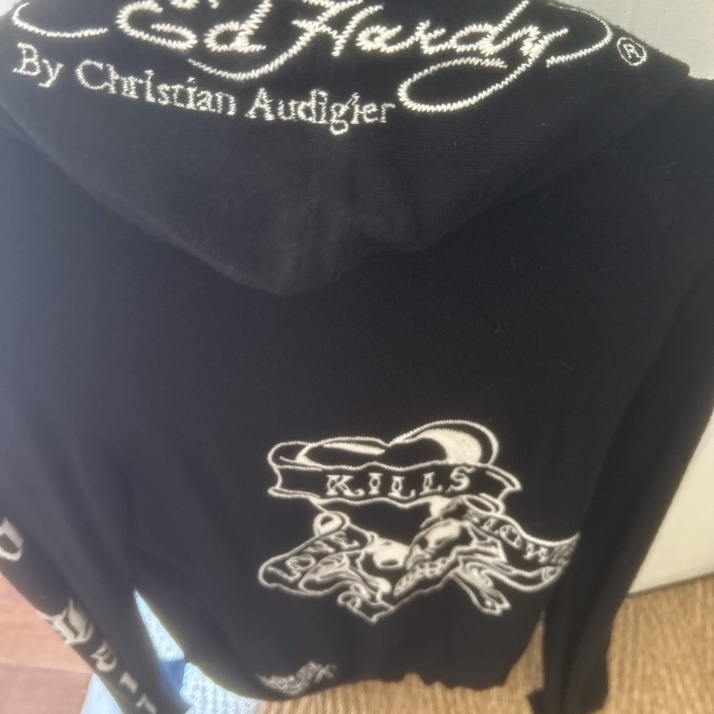 Ed Hardy Black Hoodie with White Embroidered Graphics